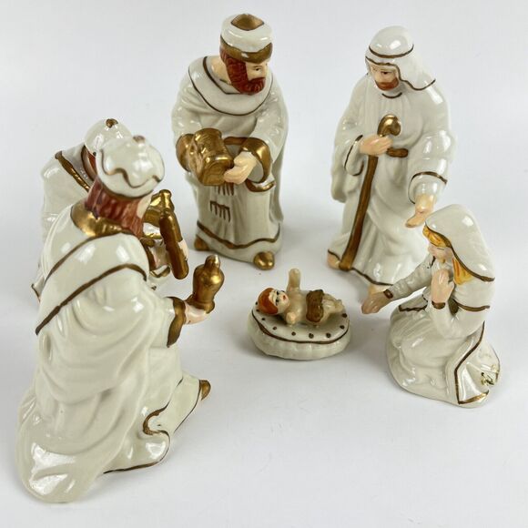 VTG 6 pc Nativity Manger Scene Glazed Porcelain White Gold trim Figurines 1990s - Picture 5 of 13